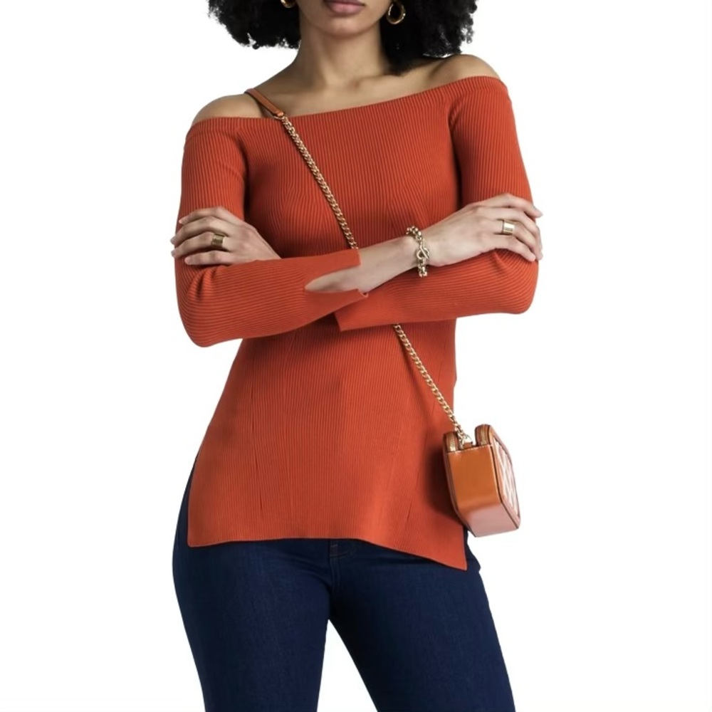 NEW VERONICA BEARD ORANGE OFF-THE-SHOULDER RIBBED KNIT TOP